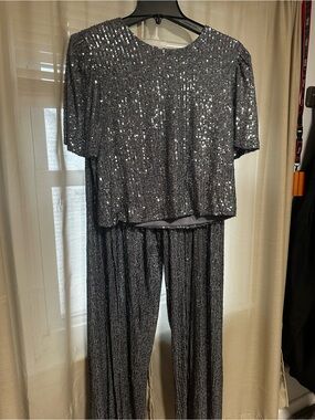 Premier Silver Sequin Two-Piece Top and Pants Set